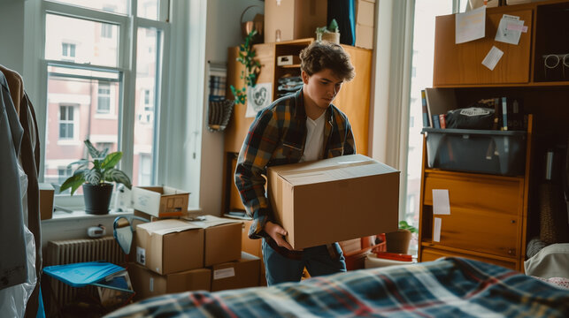 Young man eagerly brings cardboard boxes into his new dorm room, excited to begin the semester