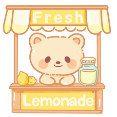 Hand drawn illustration kawaii yellow beige teddy bear selling lemonade at a booth saying fresh lemonade 