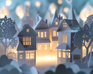 Obraz premium cinematic all white papercut houses with lights inside generated by AI