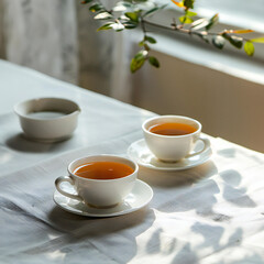 Two cups of tea tea drinking in Scandinavian cuisine Beautiful cozy home interior photography