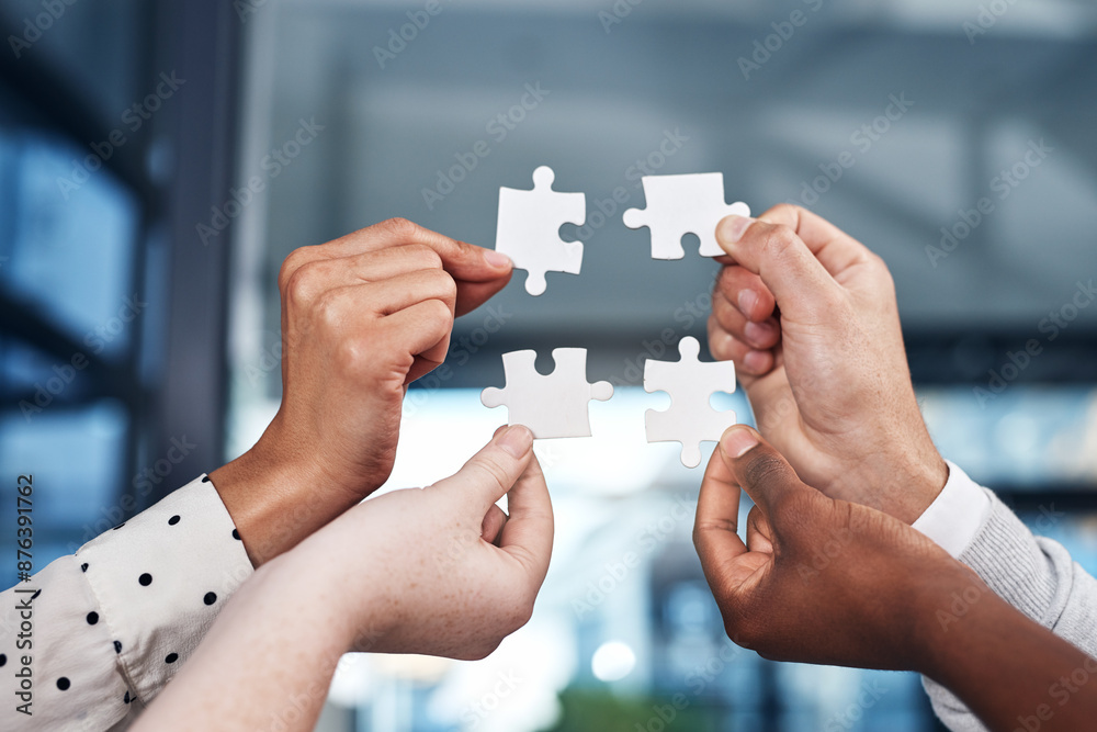 Poster Business hands, teamwork and puzzle for group problem solving, objectives and integration with project solution. People in circle with creative game for cross departmental collaboration and workflow