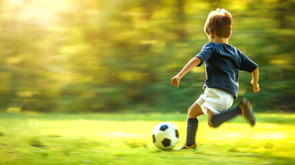 Obraz premium Young boy in blurred motion, kicking soccer ball on sunlit grassy field. vibrant greenery and dynamic action depict outdoor sports activity in warm weather.