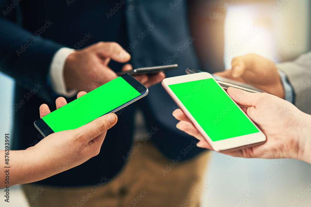 Poster Green screen, phone and hands in group for contact us, online networking and connection in circle. Entrepreneur or people with mobile app for business news, b2b and chat mockup with cloud sharing