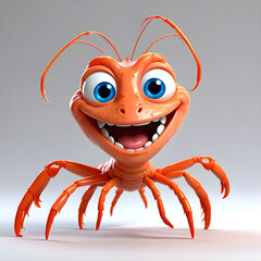 3D animated Cute Cartoon Render of a Smiling Shrimp Rigged Character 3D Rendered on a White Background.