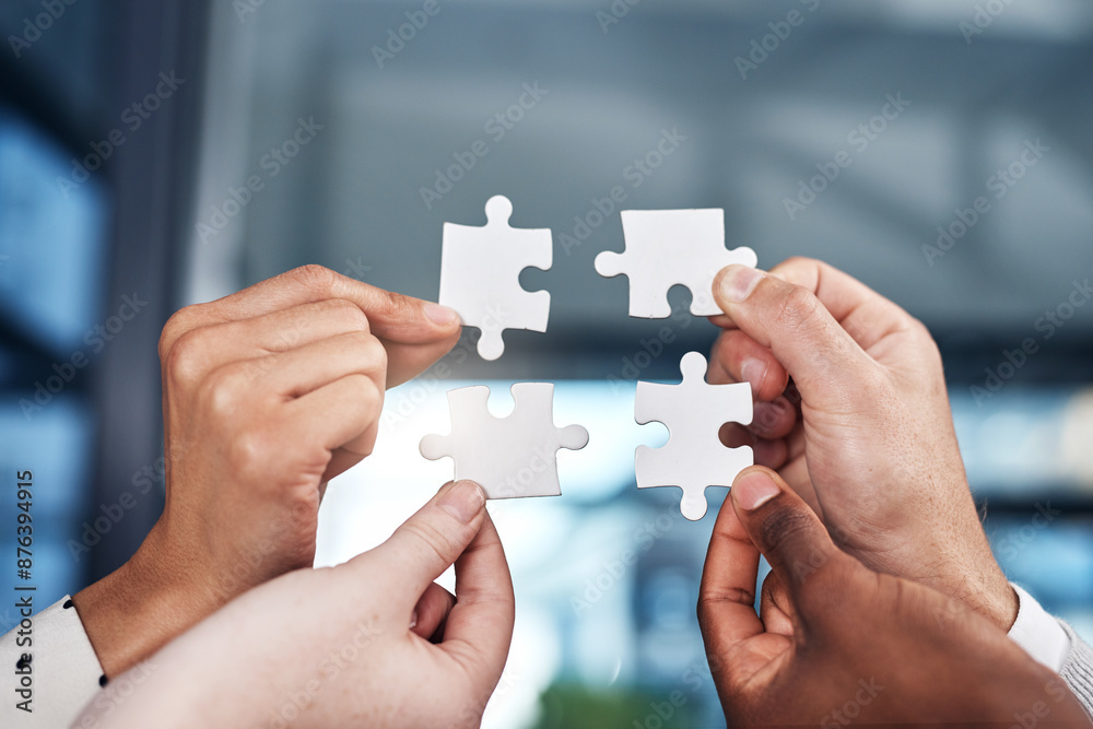 Aufkleber Business hands, people and puzzle for group problem solving, collaboration and integration with project solution. Creative worker in circle with game for team building, planning or workflow in office