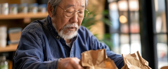 Close-Up Of A Senior Asian Man Unpacking Paper Bags Of Fresh Groceries At Home, Feeling Practical And Eco-Conscious