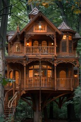 A large, wooden treehouse with multiple levels, balconies, and windows lit with warm light