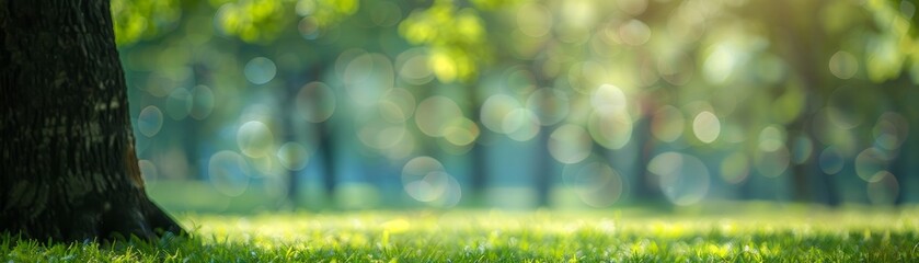 Obraz premium Bokeh Sunbeams Through Tree Canopy - Green Grass and Sunlight - Blurred Nature Background