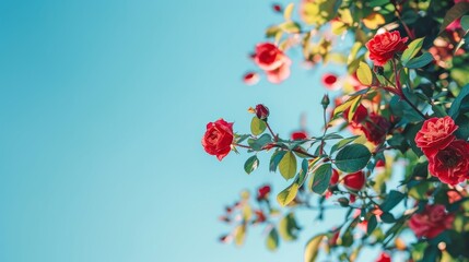 Obraz premium Closeup of a Red Rose Branch Against a Blue Sky
