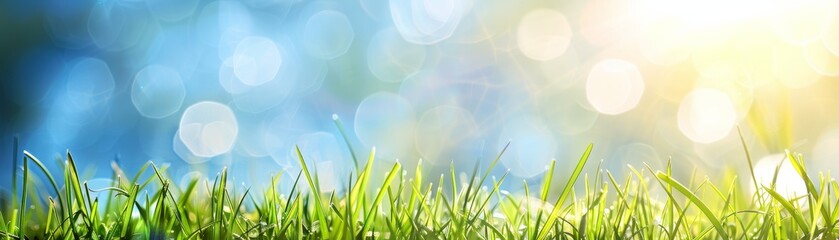 Fototapeta premium Green Grass Blades Close-Up With Blurred Blue and Yellow Bokeh Background