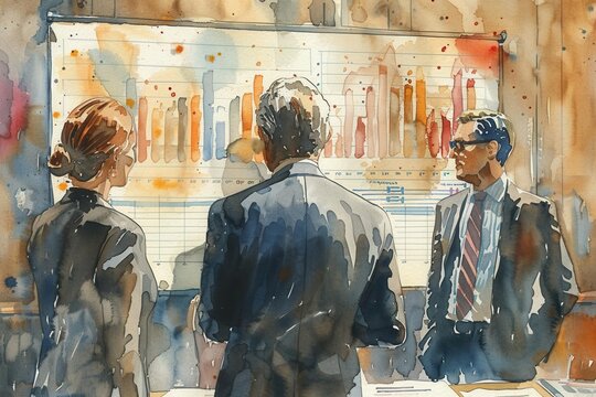 Business executive presenting quarterly results with watercolor charts, financial report, business meeting