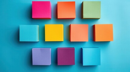 Colorful paper squares arranged as a business graph Blue background Flat lay High quality, no realistic photo details