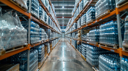 Hangar warehouse with rows of shelves filled with transparent plastic bags containing bottled mineral water, showcasing the ready-made factory production.