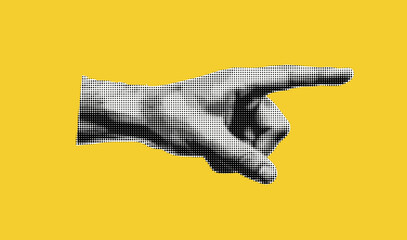 The hand that points to the right. Halftone cutout element on yellow background. Pop art retro element with dots effect. Paper texture