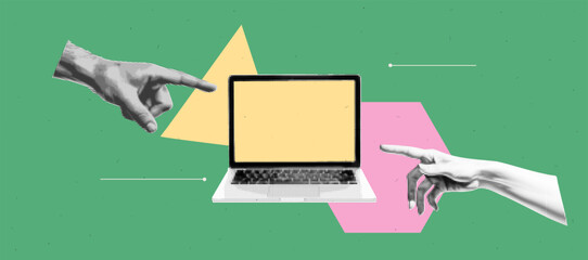 Pop art collage banner with two hand are touching a laptop mockup with empty yellow screen. Teamwork concept. Send and trust. Halftone element on green abstract geometric bg. Bright and bold 
