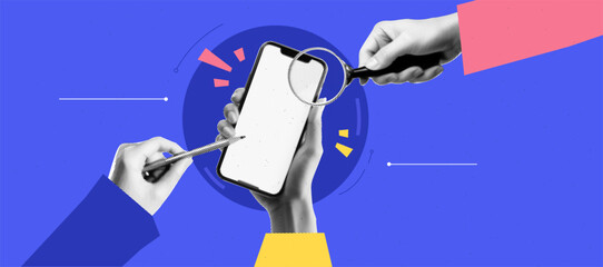 A collage on the theme of Application Design Development. Hands with phone and pencil and magnifying glass. Bright trendy vector banner in popart style. Vector emphasis art.
