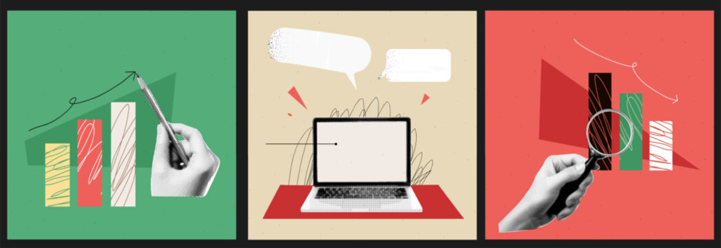Set of three square illustration of the theme of finance. Down and up chart with collage halftone hand with pencil and magnifying glass. Laptop workspace. Vector trendy abstract popart banner