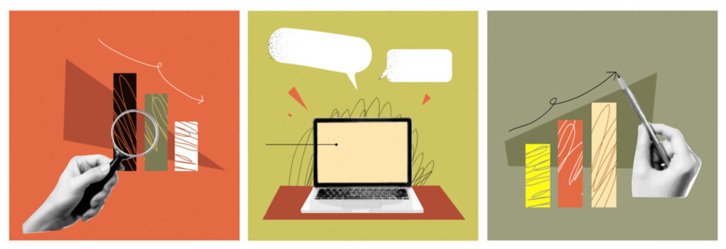 Set of three square illustration of the theme of finance. Down and up chart with collage halftone hand with pencil and magnifying glass. Laptop workspace. Vector trendy abstract popart banner