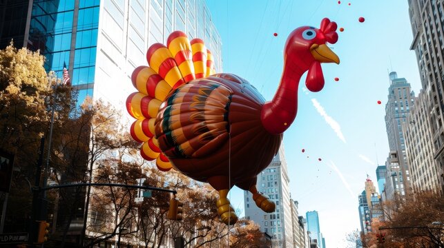 A giant turkey balloon floating down the street during a Thanksgiving Day parade