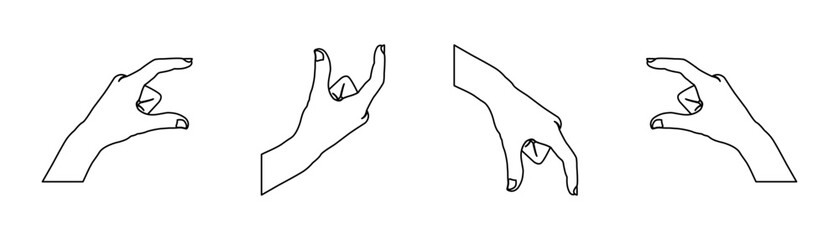 Female's finger measuring an invisible sized object, woman's palm making gestures. Hand illustration of a person communicating with two fingers as a sign or symbol. Icon set line design