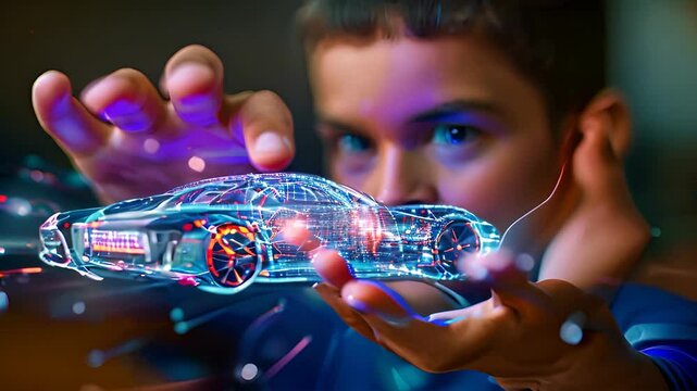 A person interacts with a holographic model of a car, holding their hands out in front of them