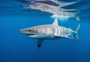 Fototapeta premium Great white shark in deep blue water.
