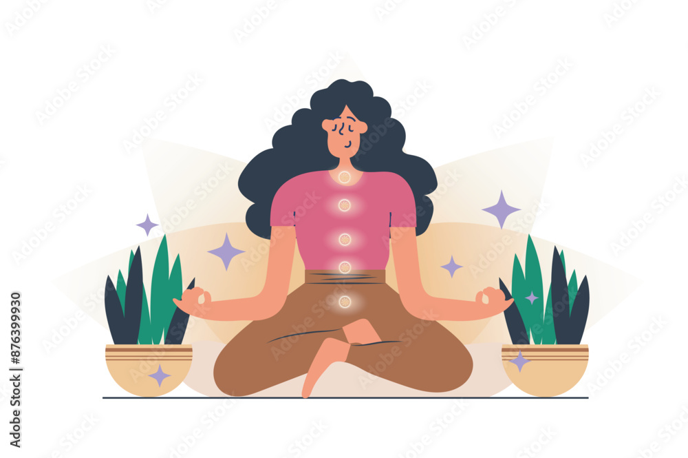 Aufkleber chakras web concept with people scene in flat design. woman sitting in lotus position, making medita