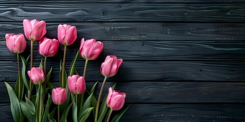 Greeting Card for Mother's Day and International Women's Day Featuring Pink Tulips on Black Wood. Concept Mother's Day, International Women's Day, Greeting Card, Pink Tulips, Black Wood