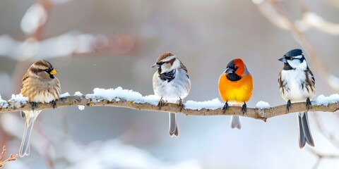 Variety of Birds Perched on a Branch. Concept Nature Photography, Bird Watching, Wildlife Portraits, Birds on Trees, Feathered Friends