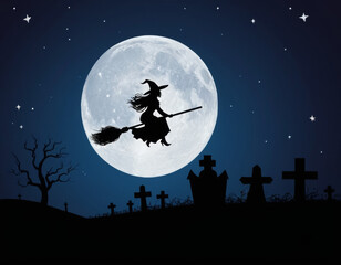 silhouette of witch flying on broom over graveyard with moon and stars