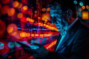 Obraz premium A human businessman controls and interacts with AI using his hand and fingers in a futuristic environment