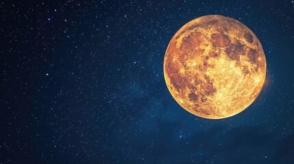 Detailed full moon with orange hue on night sky with copy space