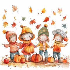 Fototapeta premium Four adorable children holding hands, surrounded by pumpkins and autumn leaves.