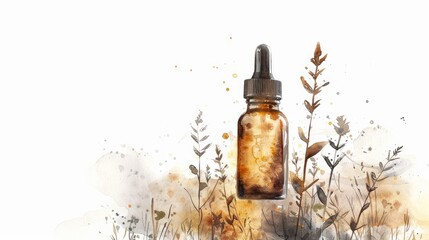 Natural Organic Serum Bottle in Brown Watercolor on White Background