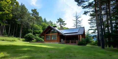 Sustainable Living Eco-Friendly House in the Forest with Solar Panels. Concept Eco-Friendly Living, Sustainable House, Forest Retreat, Solar Power Solutions