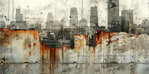 Urban decay and cityscape blending grunge aesthetics and architectural skyline, urban decay concept