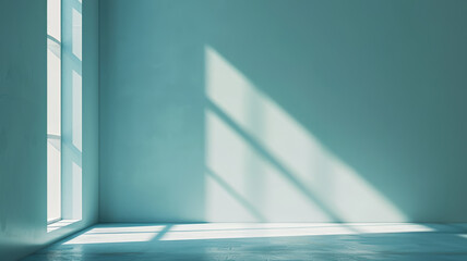 Obraz premium Sunlight Streaming Through Window Casting Geometric Shadows in Minimalist Blue Room – Tranquil, Bright, and Serene Interior Scene