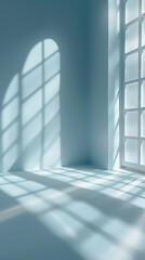 Obraz premium Sunlight Streaming Through Window Casting Geometric Shadows in Minimalist Blue Room – Tranquil, Bright, and Serene Interior Scene