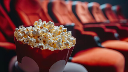 a striped bucket filled with flavored popcorn sits on the armrest of a leather chair in a darkened room where a thrilling adventure unfolds on a big screen. A cinematic treat.