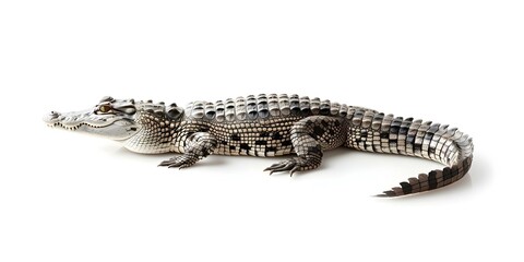 Fototapeta premium Profile of an actual crocodile against a white backdrop. Concept Wildlife Photography, Crocodile Portrait, White Background, Animal Profile Shot