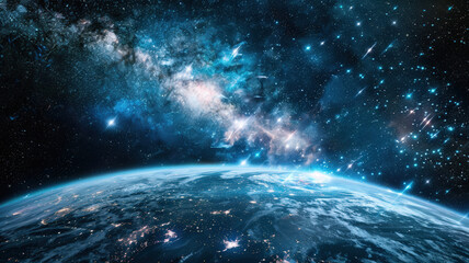 Obraz premium Earth from space: a majestic blue ball shrouded in clouds, with oceans and continents, mountains and rivers, forests and cities peeking through, surrounded by stars.