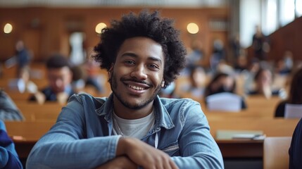 Obraz premium Happy black university student in lecture hall, african american smiling in college classroom