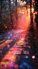 Enchanting Sunrise in a Mystical Forest with Sunbeams and Glittering Pathway Illuminated by Morning Light