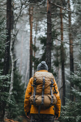 Fototapeta premium Backpacker in a yellow jacket standing in a dense forest, showcasing adventure and exploration in the great outdoors