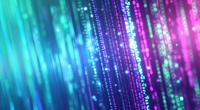 Abstract digital code background. Abstract background featuring blue and pink digital code with binary numbers and bokeh effect, representing technology and data