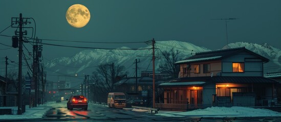 Obraz premium Japanese Town Under Moonlight