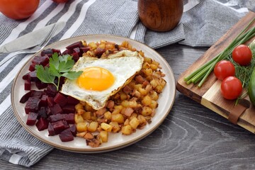 A traditional Scandinavian dish made from leftover chopped potatoes, onions and meat. Served with a...