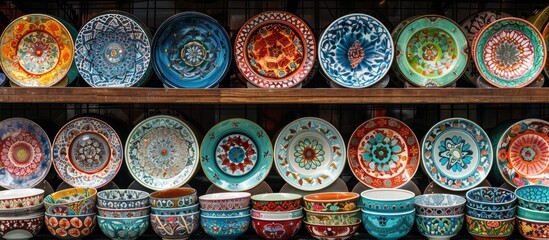 Fototapeta premium Colorful Ceramic Dishes on Shelves