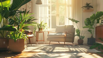 Cozy living room with modern furniture and plants light color design generative ai