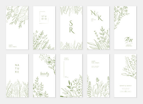 Set of floral invitation save the date card with detailed various flowers. Luxury vintage botanic template layout design, brochure or cover